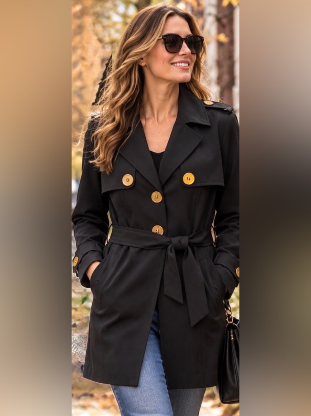 Bianca Nygard Black Belted Trench Coat Size 12 Gold Buttons Colourful Lining